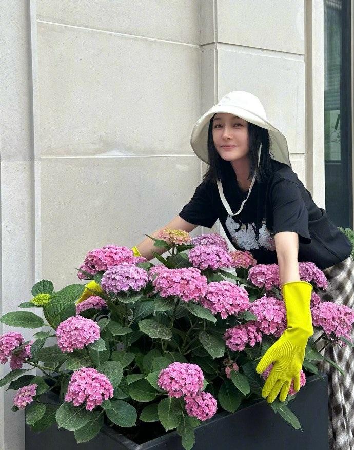 今天秦岚变成了护花使者，她亲自当起了园丁，秦岚上身穿黑色短袖T恤，下身搭配灰色的