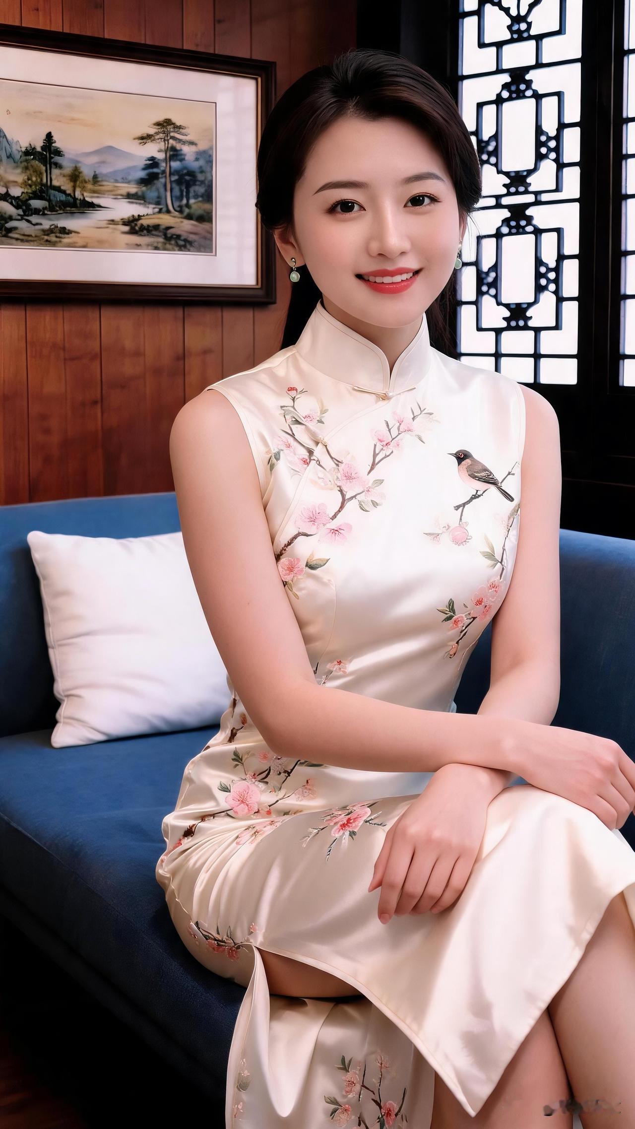 米白缎面无袖旗袍搭配精致花鸟刺绣，质感细腻高级，尽显温婉端庄，把独有的东方国风韵