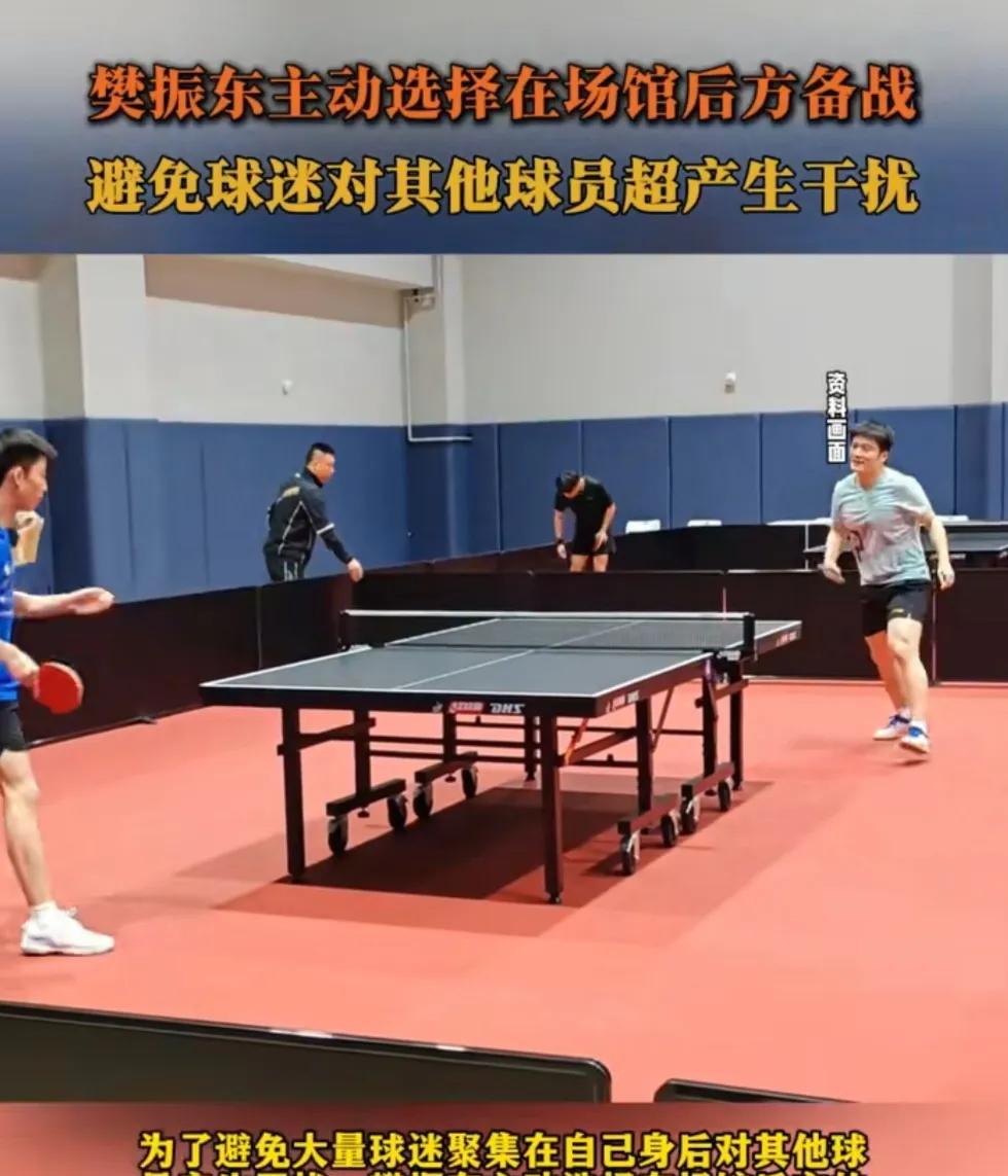 #樊振东主动选择在场馆后方备战#据东方体育日报报道：为了避免大量球迷聚集在自己身