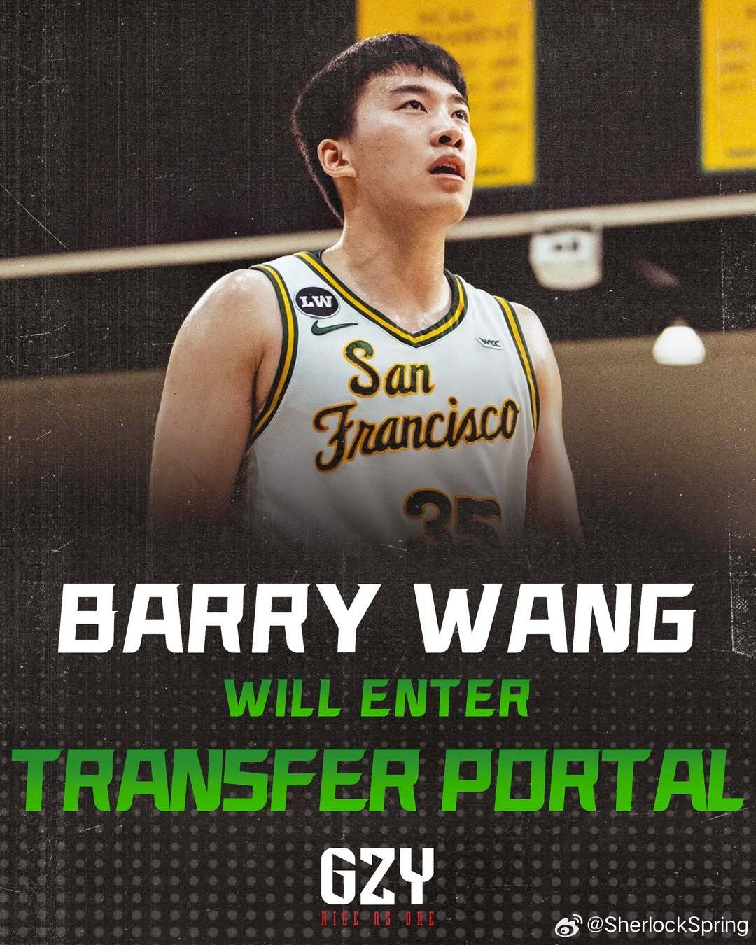 经纪公司GZYSports宣布，旧金山大学前锋、中国小将王俊杰将进入转学程序，