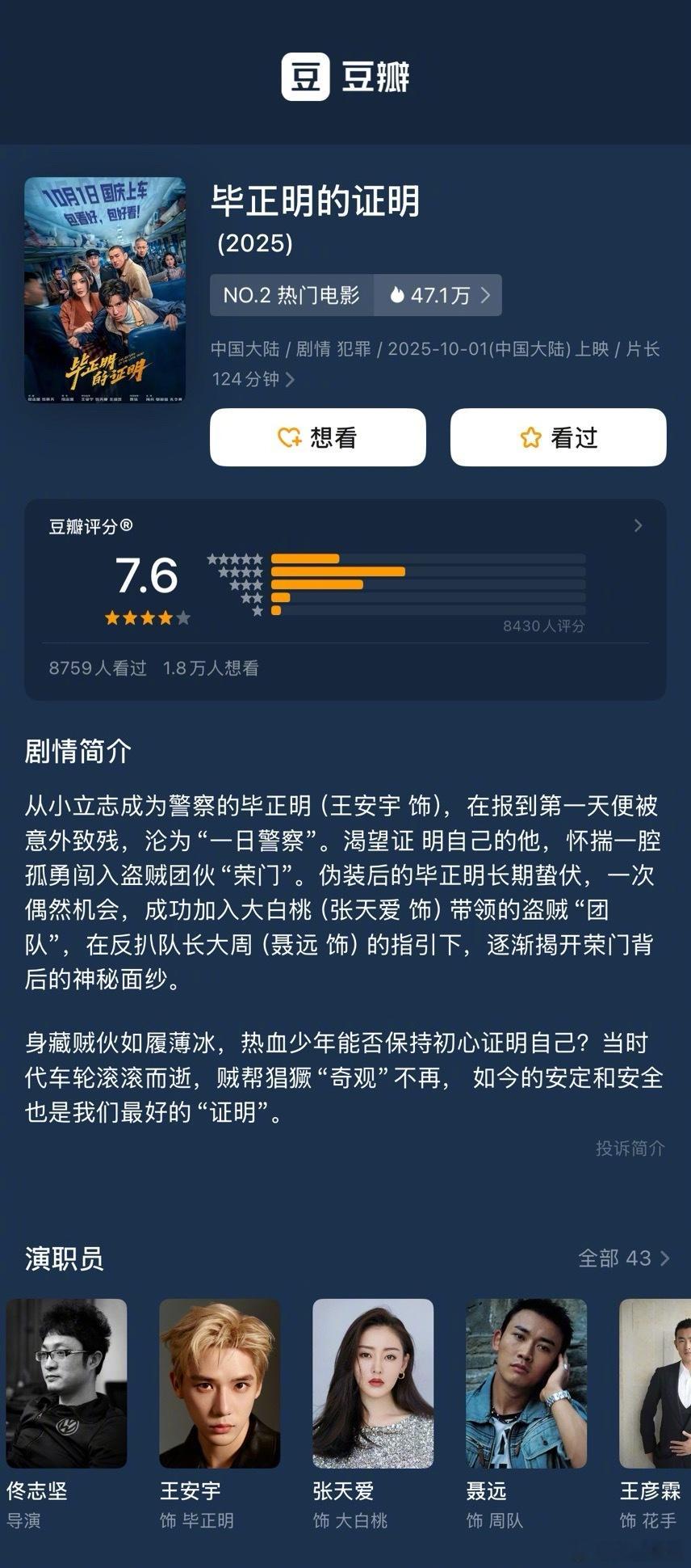 国庆档五部电影豆瓣开分《毕正明的证明》开分7.6分。领衔主演：王安宇、张天爱、王