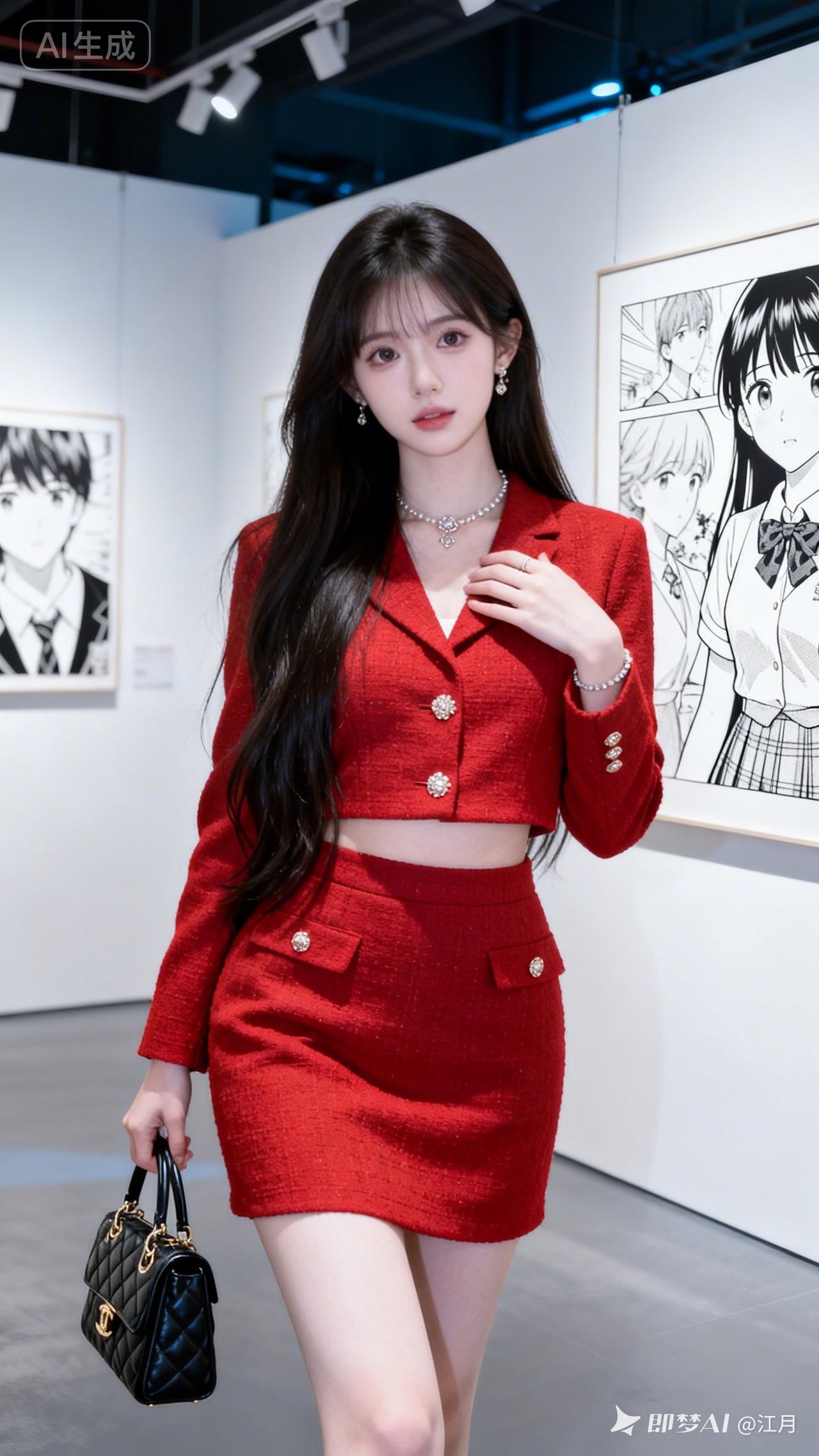 甜系少女真人写真，浅红精致套装尽显大小姐气质。冷调画面，长发及腰肤白通透，无辜眼