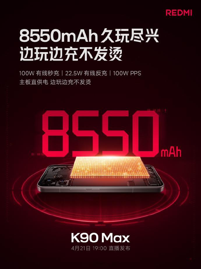 REDMIK90Max采用8550mAh电池，16%含硅量，支持1