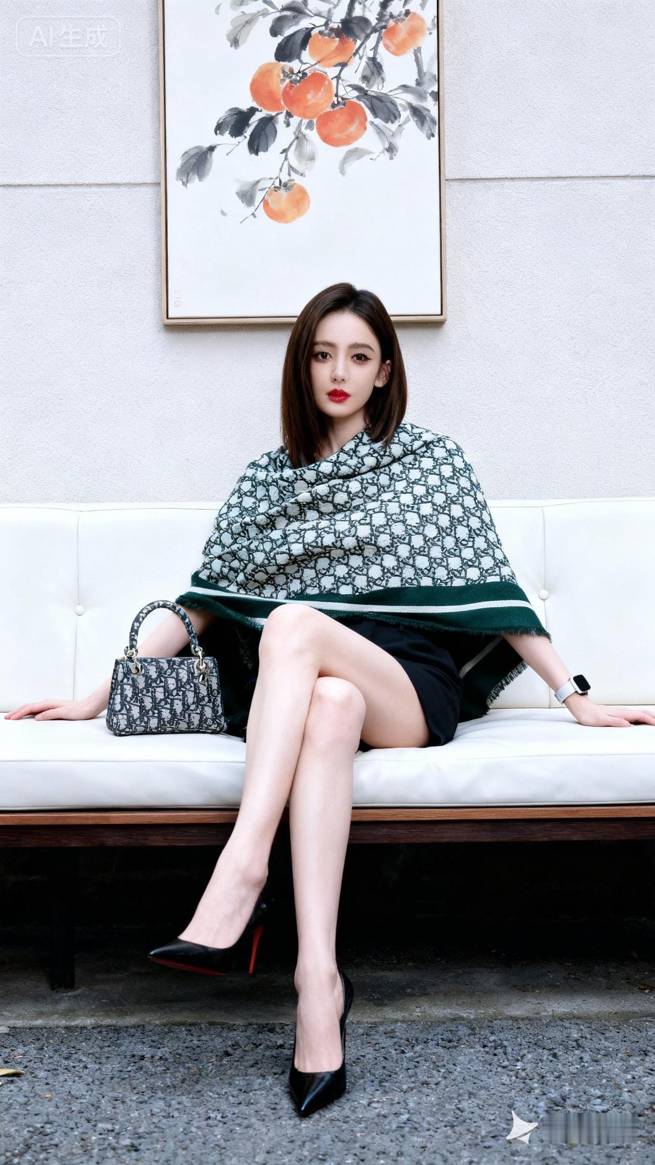 优雅气质，黑白印花披肩搭配黑色连衣裙，尽显时尚魅力！