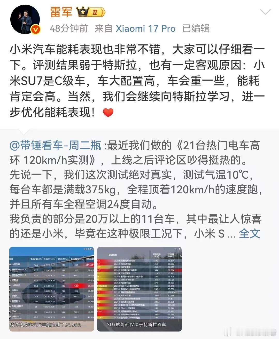 雷军称继续向特斯拉学习11月28日，小米雷军称，小米汽车能耗表现也非常不错，大家