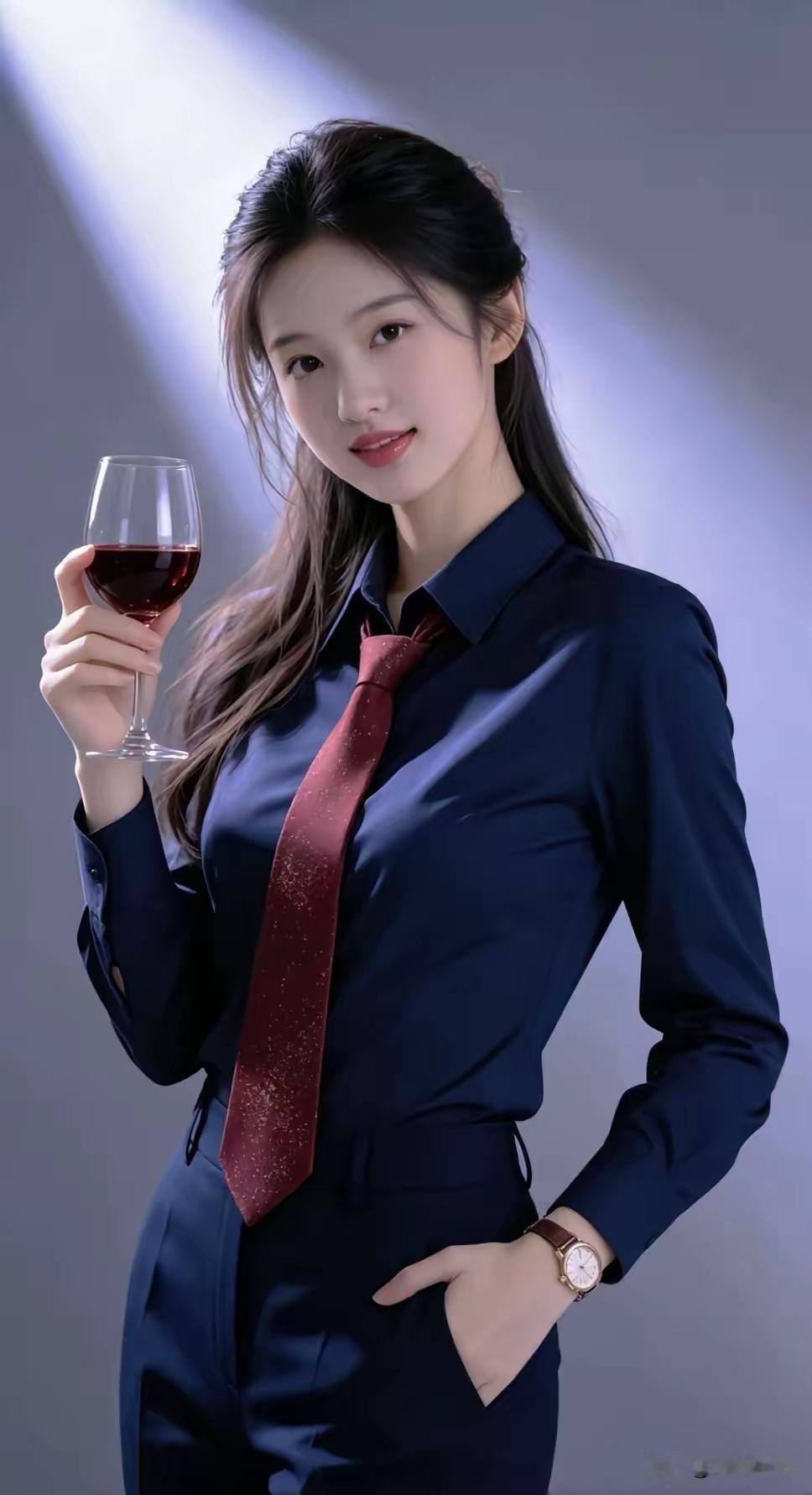 这位小姐姐穿着正装，手拿红酒杯，很有气质！