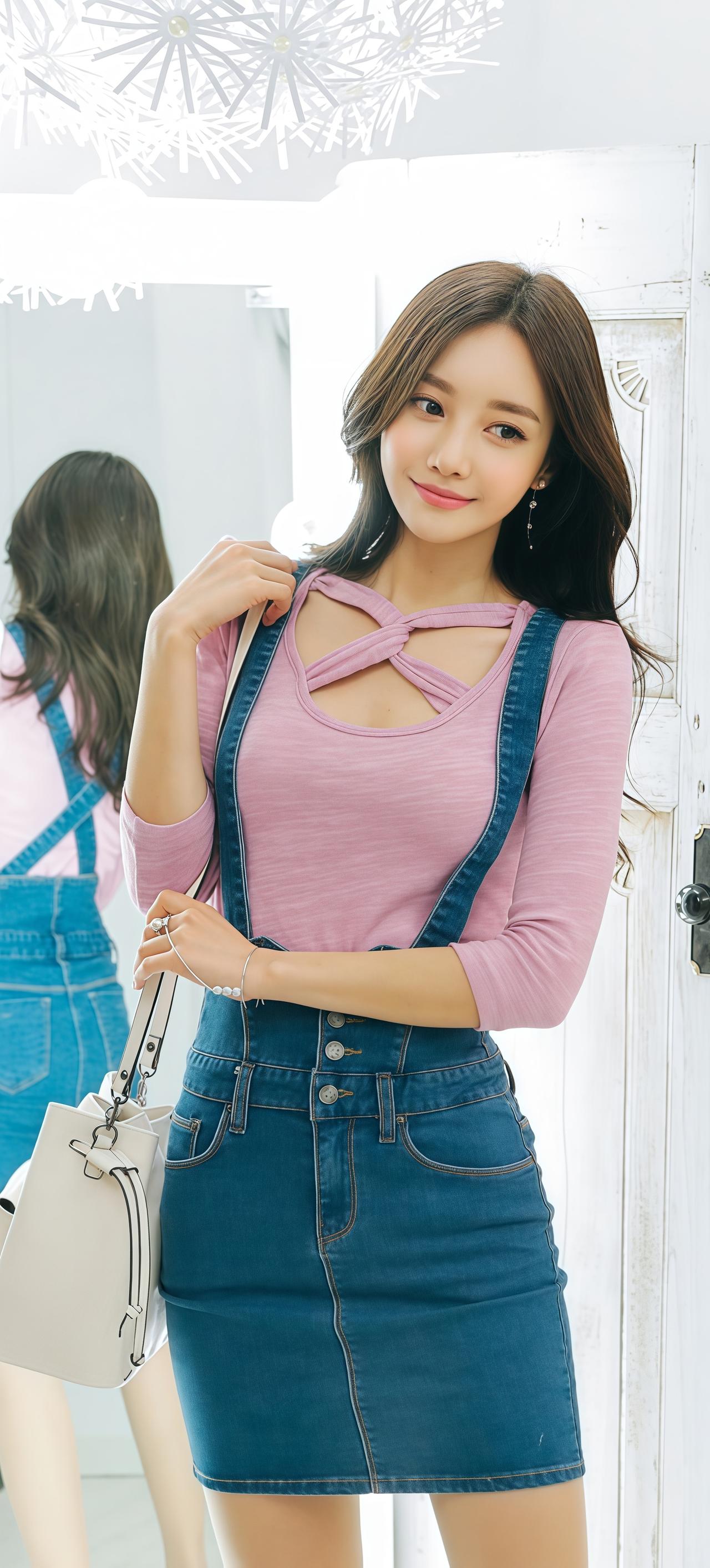 甜美粉色长袖上衣搭配牛仔背带裙，清新可爱，少女心满满！