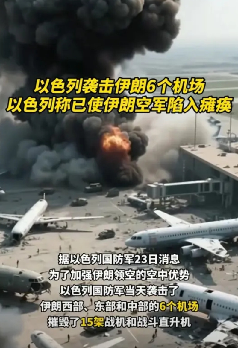今天以色列袭击了伊朗6个机场，15架直升机，以色列称伊朗空军陷入瘫痪伊朗有伊朗