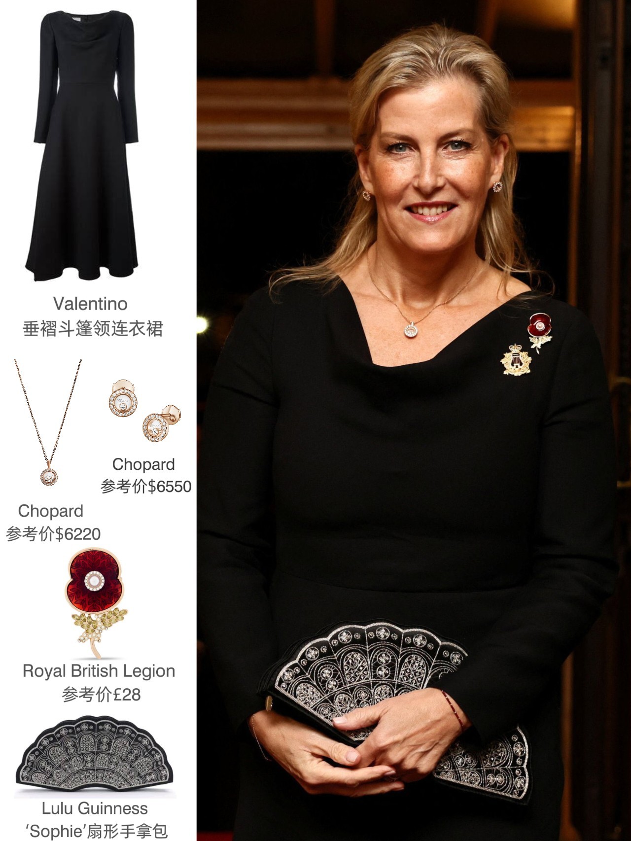 补一则爱丁堡公爵夫人苏菲的纪念音乐会造型~全黑LOOK+红色Poppy胸针，连衣