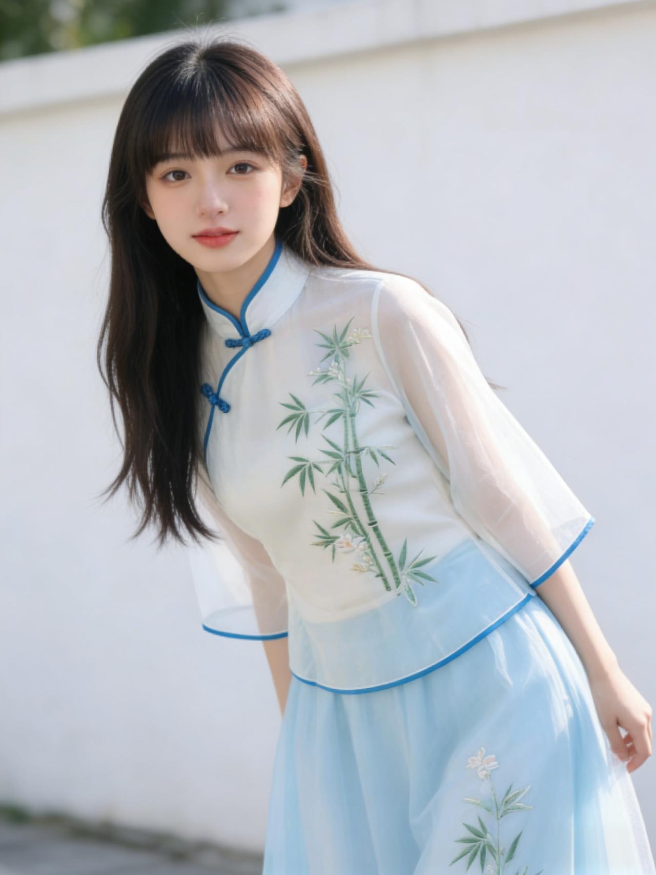 瞥见一位清新脱俗的汉服少女，瞬间被她吸引。她身着的汉服上，竹叶刺绣栩栩如生，仿佛