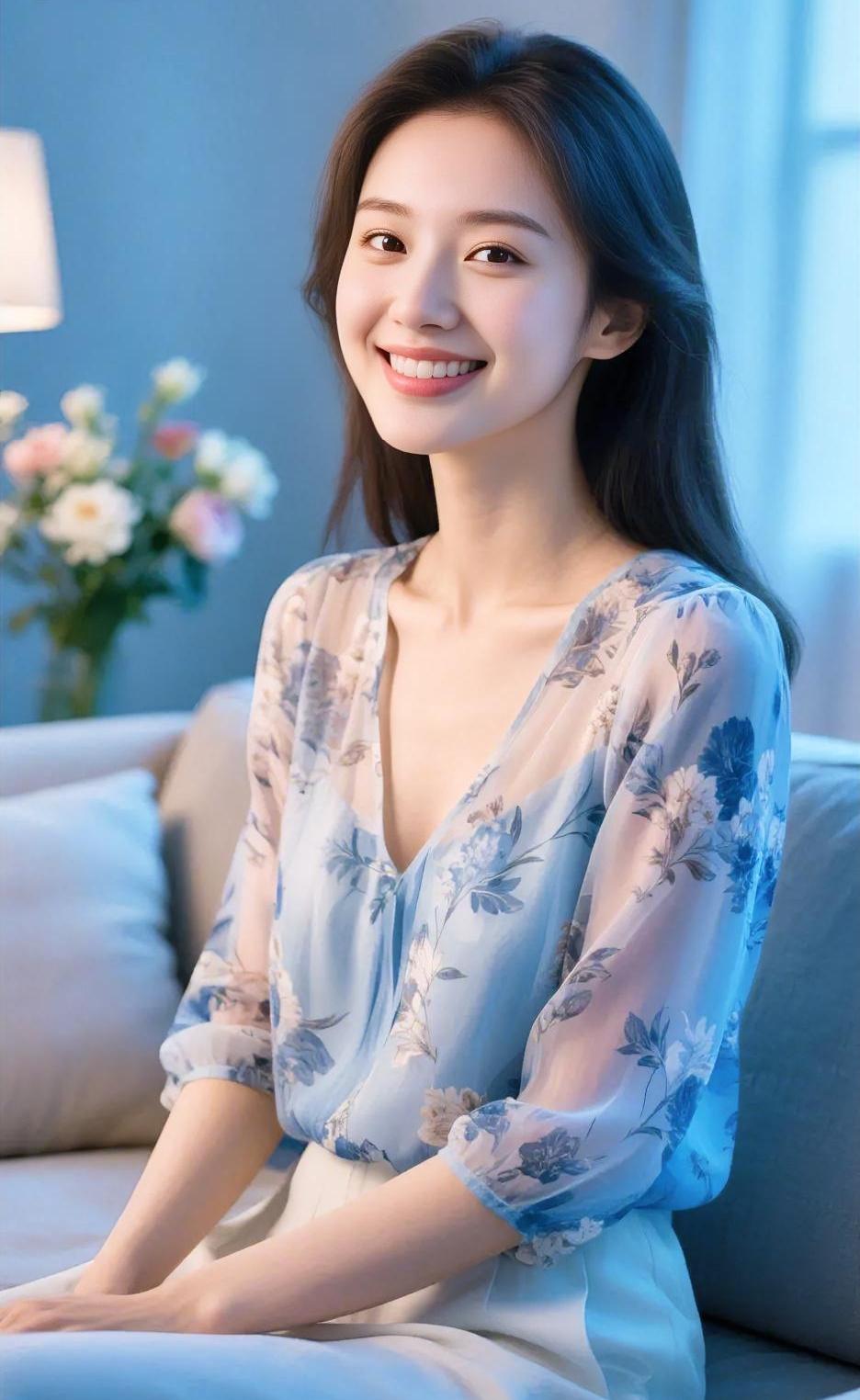 花影落在薄纱上，笑意轻轻漾开。蓝调漫过沙发旁，灯暖，花也香。她坐