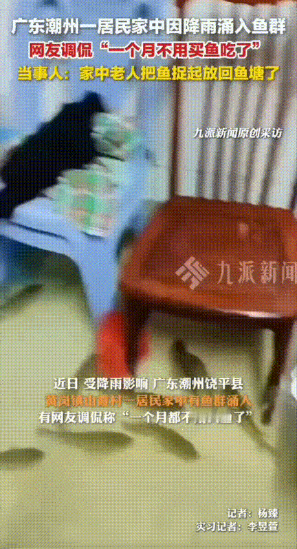 广东潮州大雨，一居民家中进水，水深有半米高，居民清点自己家里的设备时突然看见水里