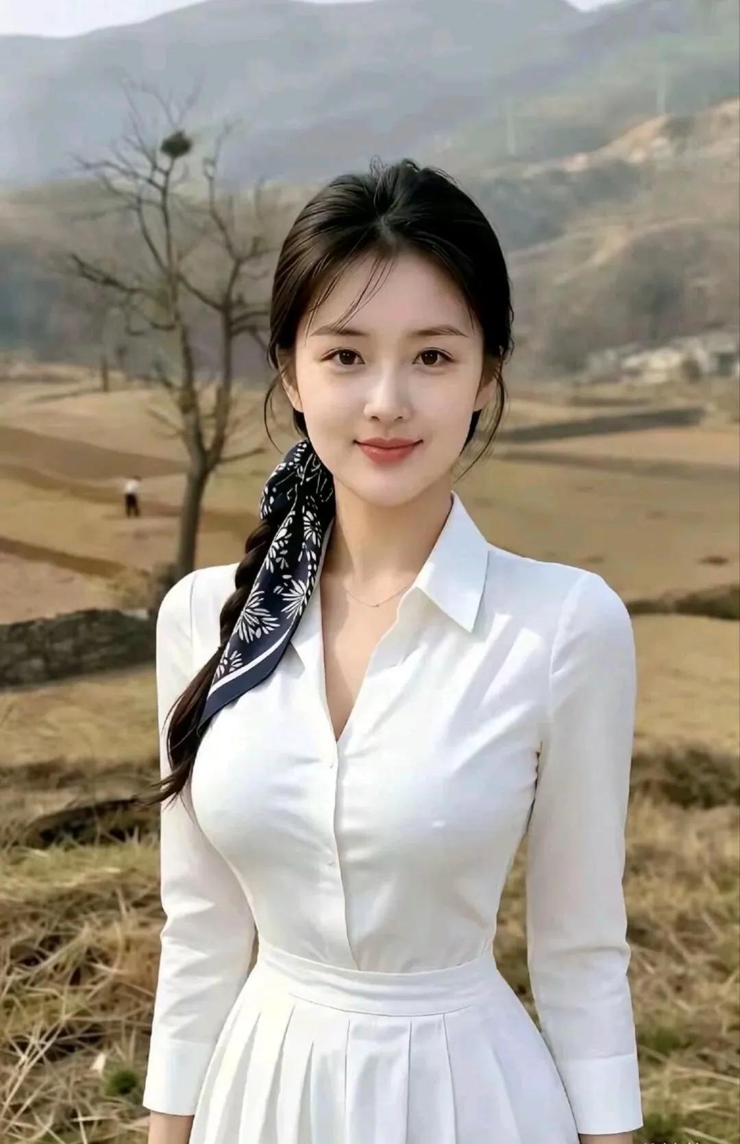 山野田园背景，简约白衬衫百褶裙搭配印花发带编发，气质温婉淳朴，自带怀旧知青氛围感