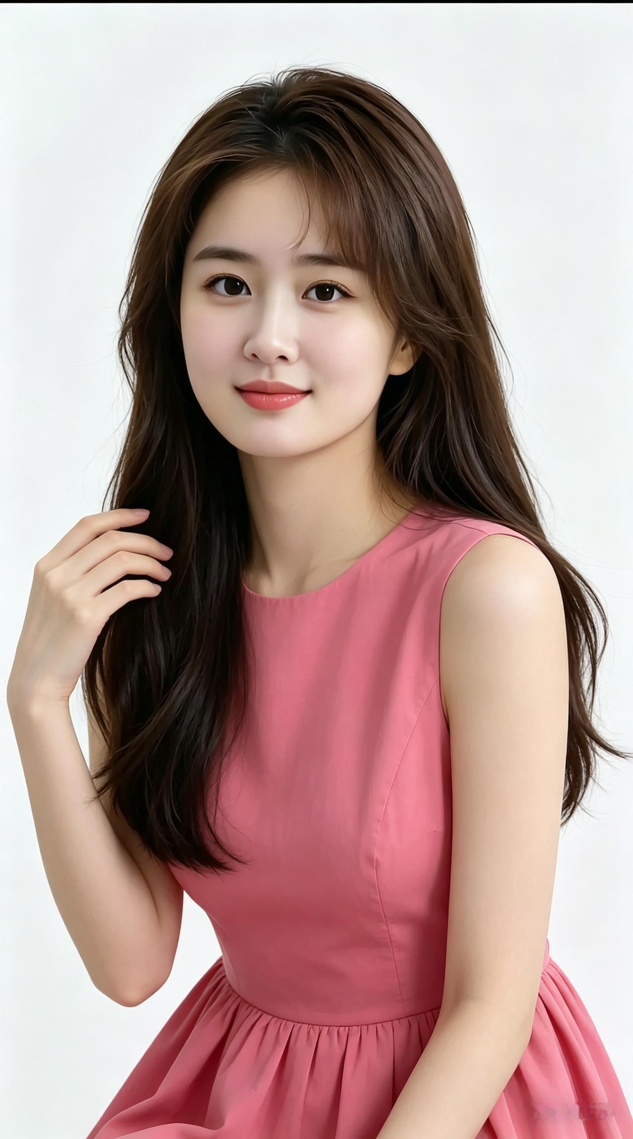 美女身姿挺拔，着柔和粉色修身连衣裙，柔顺长发自然披肩，单手轻抬轻抚肩头发丝，整体