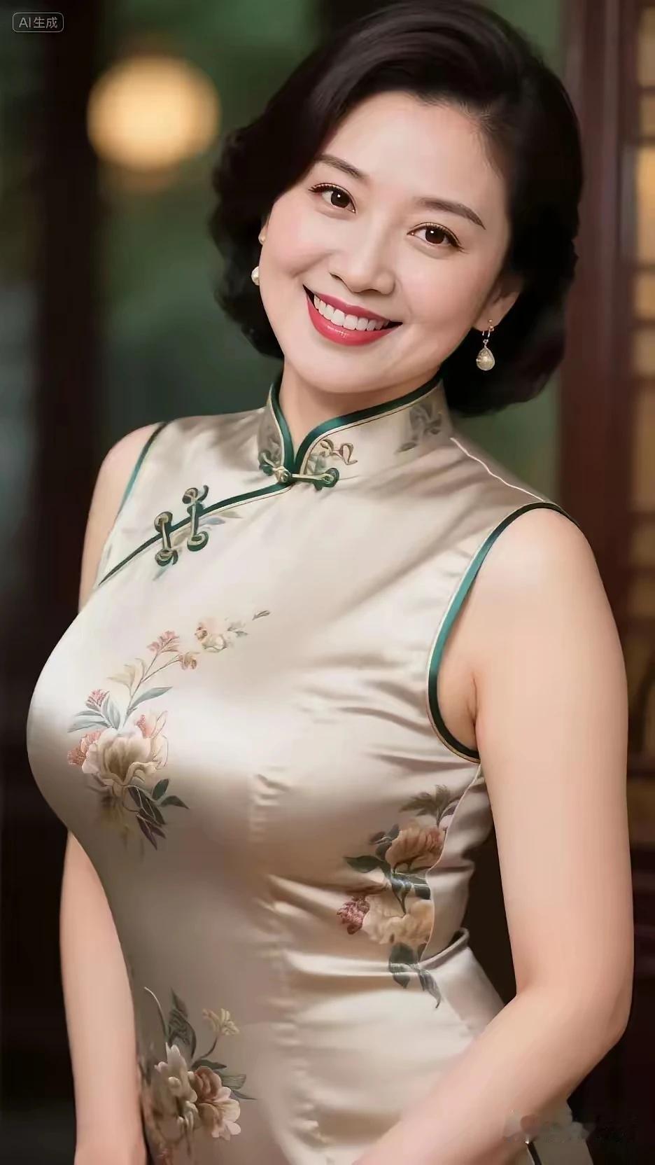 徐娘半老，风韵犹存，嫣然一笑，美丽动人。