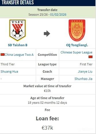 德转：重庆铜梁龙租借泰山后卫岳瑞杰的租借费约30万人民币！30万大概率就是承担