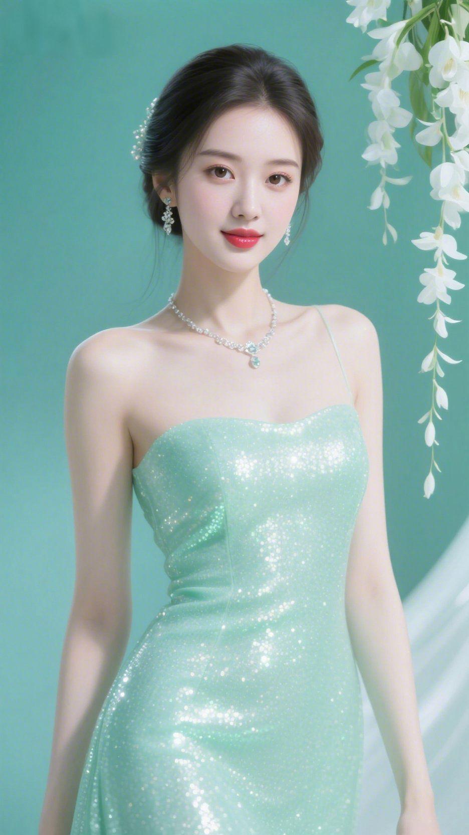 青衿曳影伴花柔一袭薄荷绿闪片礼裙，似把江南的春水揉进了衣摆，细碎的光粒在裙