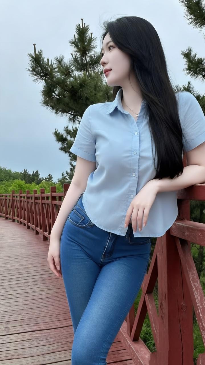 桥上美人倚，风中发如云。