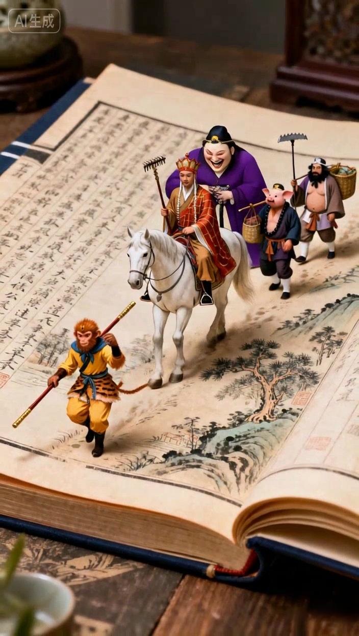 七绝●西游取经/古韵挑担引马渡过河，（过古平）舞棒挥耙减怪拖。历