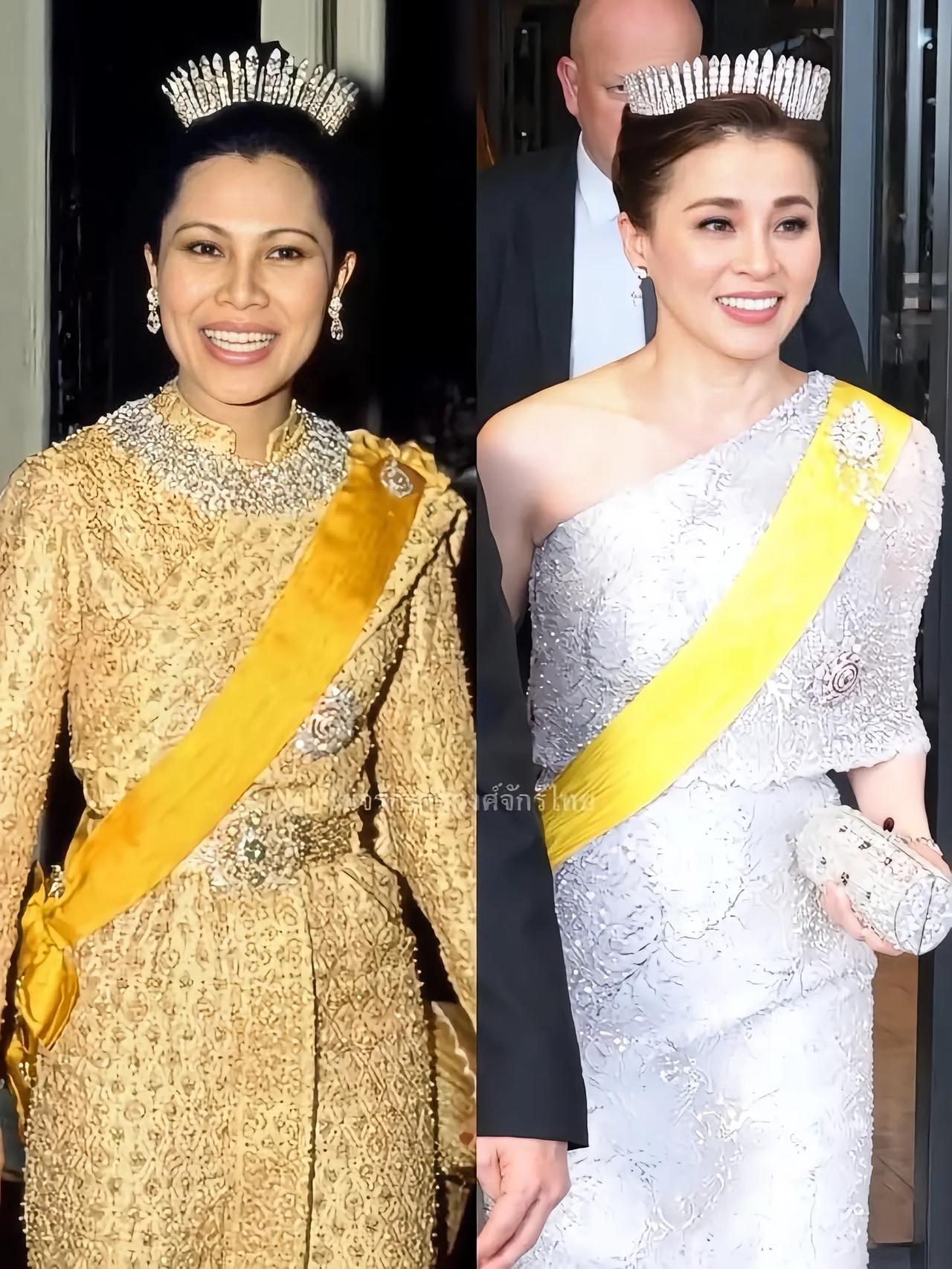 两位泰国王后佩戴王冠，诗丽吉更有松弛感。苏提达2026年4月瑞典国王寿宴上，头回