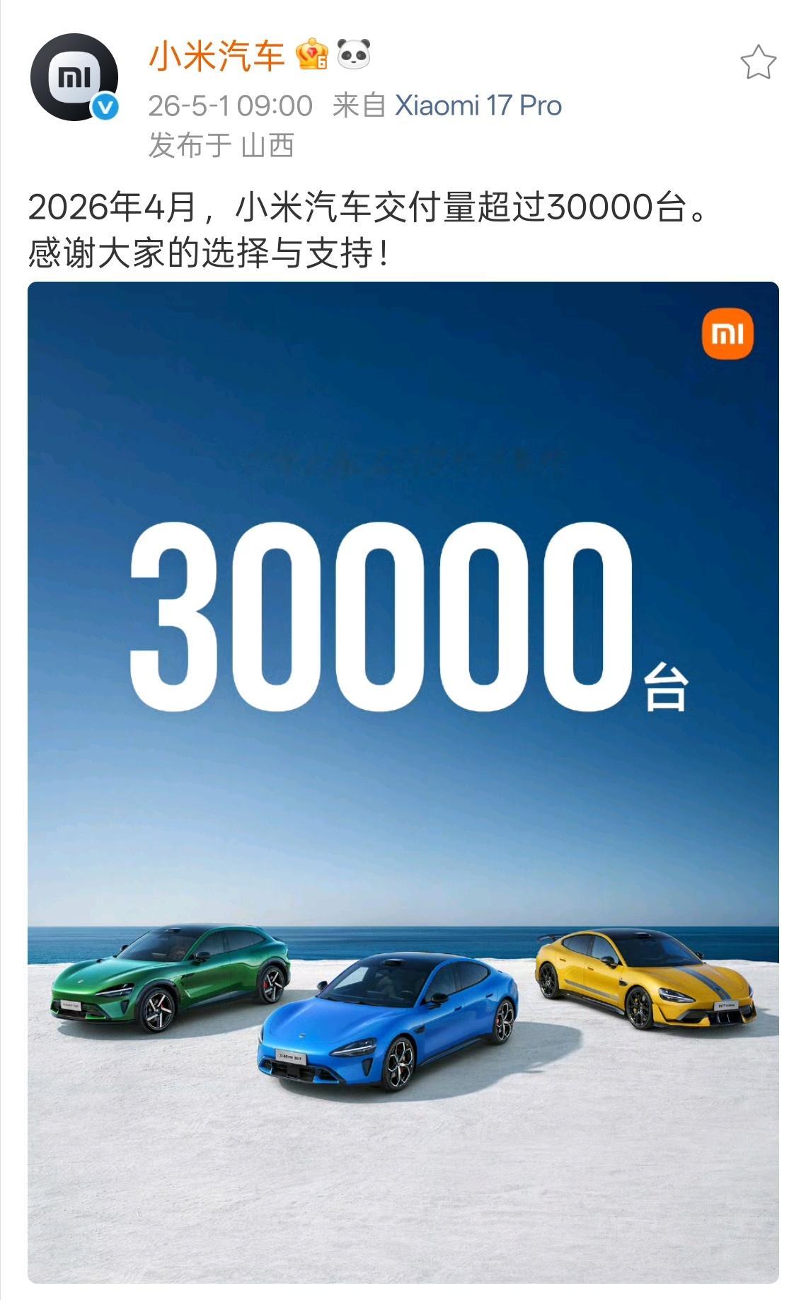 小米汽车4月交付量超3万台小米汽车在5月第1天如约公布4月交付量：2