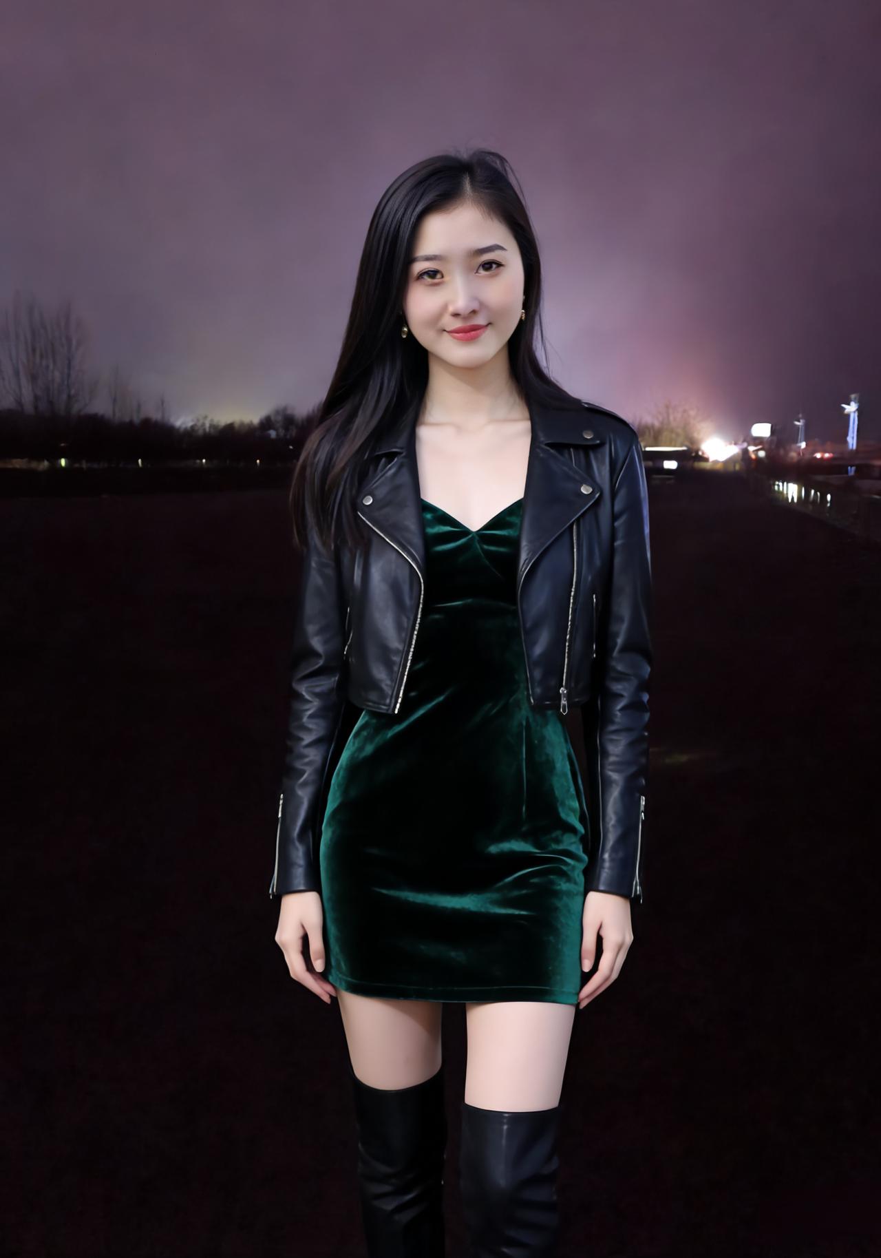 皮衣轻裹绿丝绒，立尽灯前夜色浓。一笑眸中藏星斗，晚风拂袖意从容。