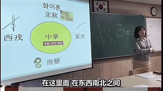 韩国历史课上用了张地图，中华在正中，北狄、南蛮、西戎、东夷各守四方。老师问学生：