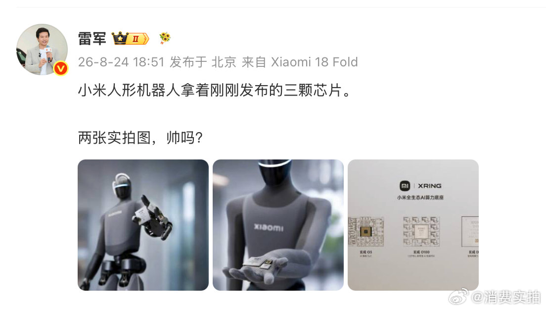 【雷军晒小米人形机器人实拍图】8月24日，晒小米人形机器人和三颗芯片实拍图，“小