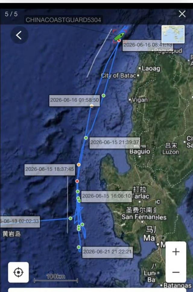 老中的海警船在距离菲律宾海岸仅40海里左右的地方来回巡逻，其巡逻的范围甚至超过了