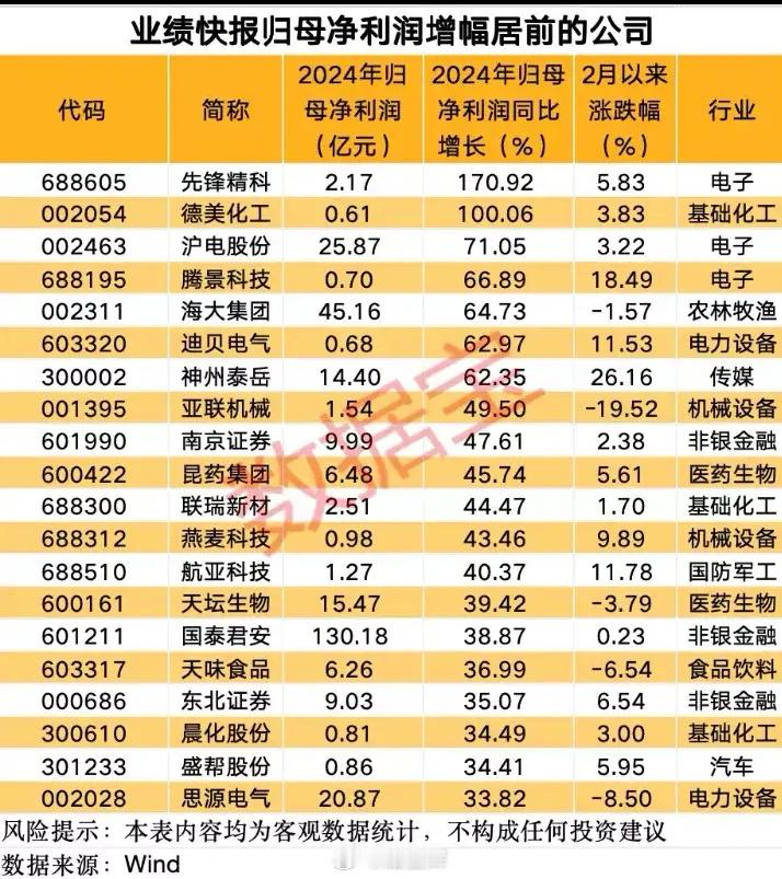 业绩快报净利润增幅居前的公司:先锋精科2024年净利润为2.17亿元，同比