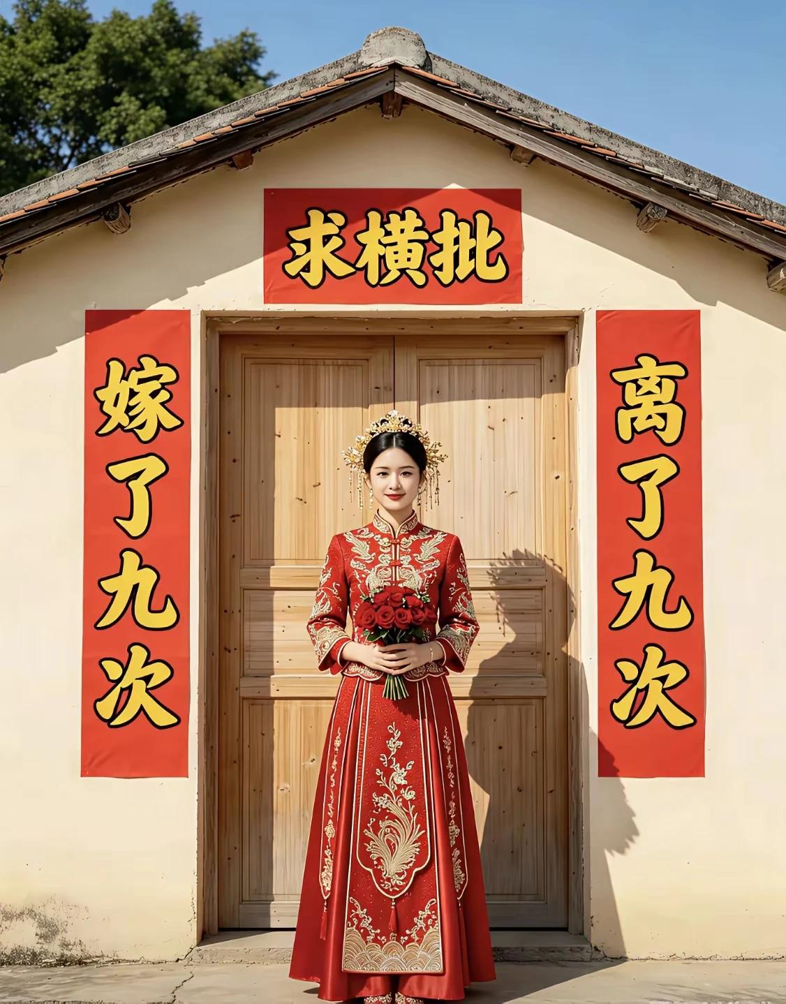 上联：嫁了九次，下联：离了九次。横批：一婚难成