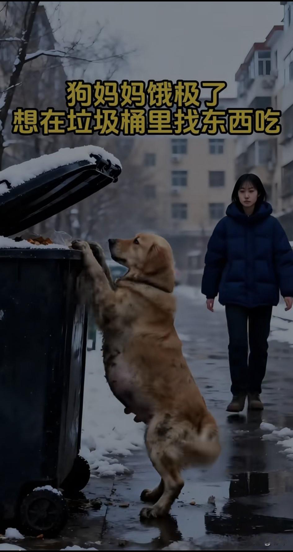 泪目了！一个风雪交加的清晨一位小姐姐路过一个垃圾桶，看到无比凄惨的一幕，一只大肚