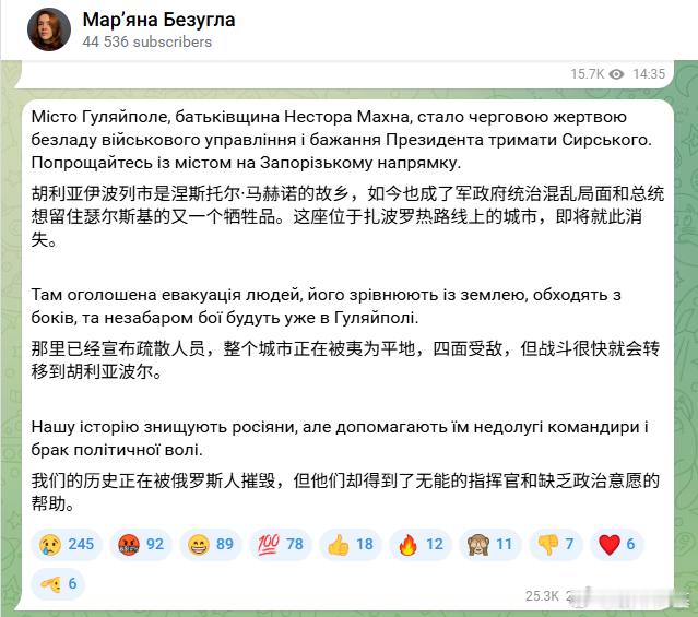 女督军坦言，该和胡里艾伯勒说再见了，俄罗斯之所以能够得逞，是因为“乌克兰武装部队