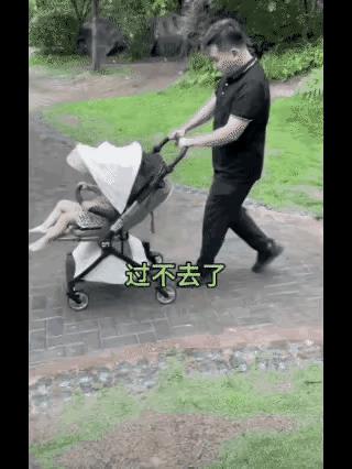 如此马大哈！孩子从童车里丝滑的溜走，推车的爸爸竟然毫无察觉。两岁多的宝宝坐在童