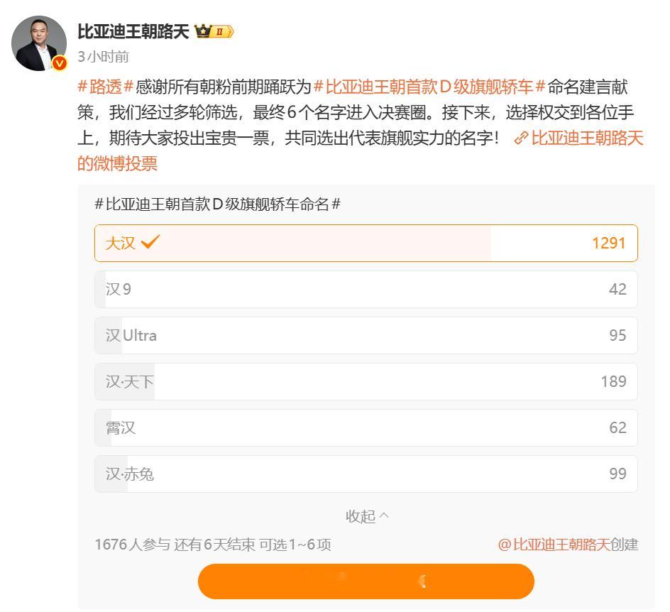 比亚迪王朝首款D级旗舰轿车命名，大汉断崖式领先啊