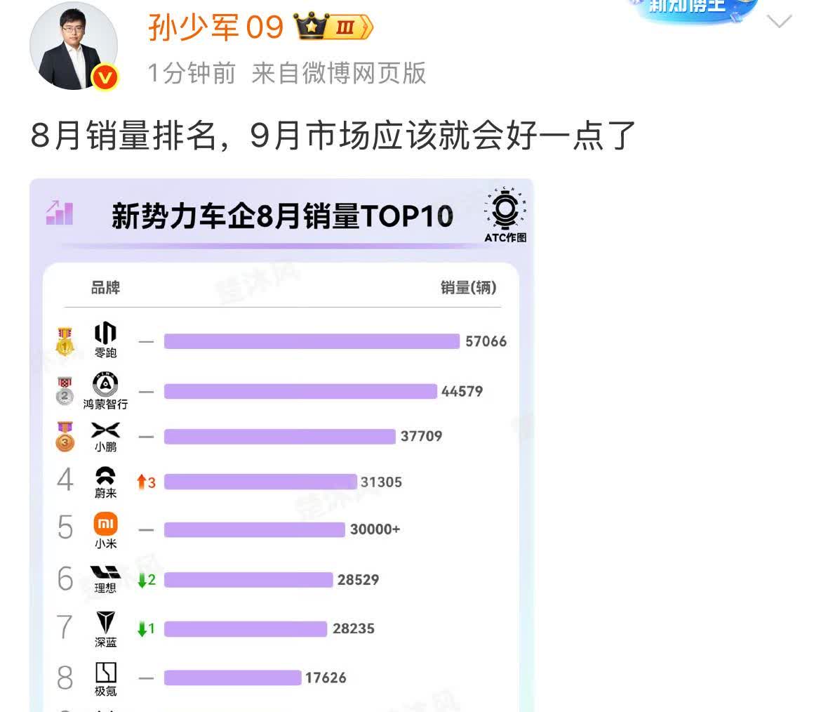 孙少军:8月销量排名来了！如果只是按照八月份的整体销量数字来看，零跑已