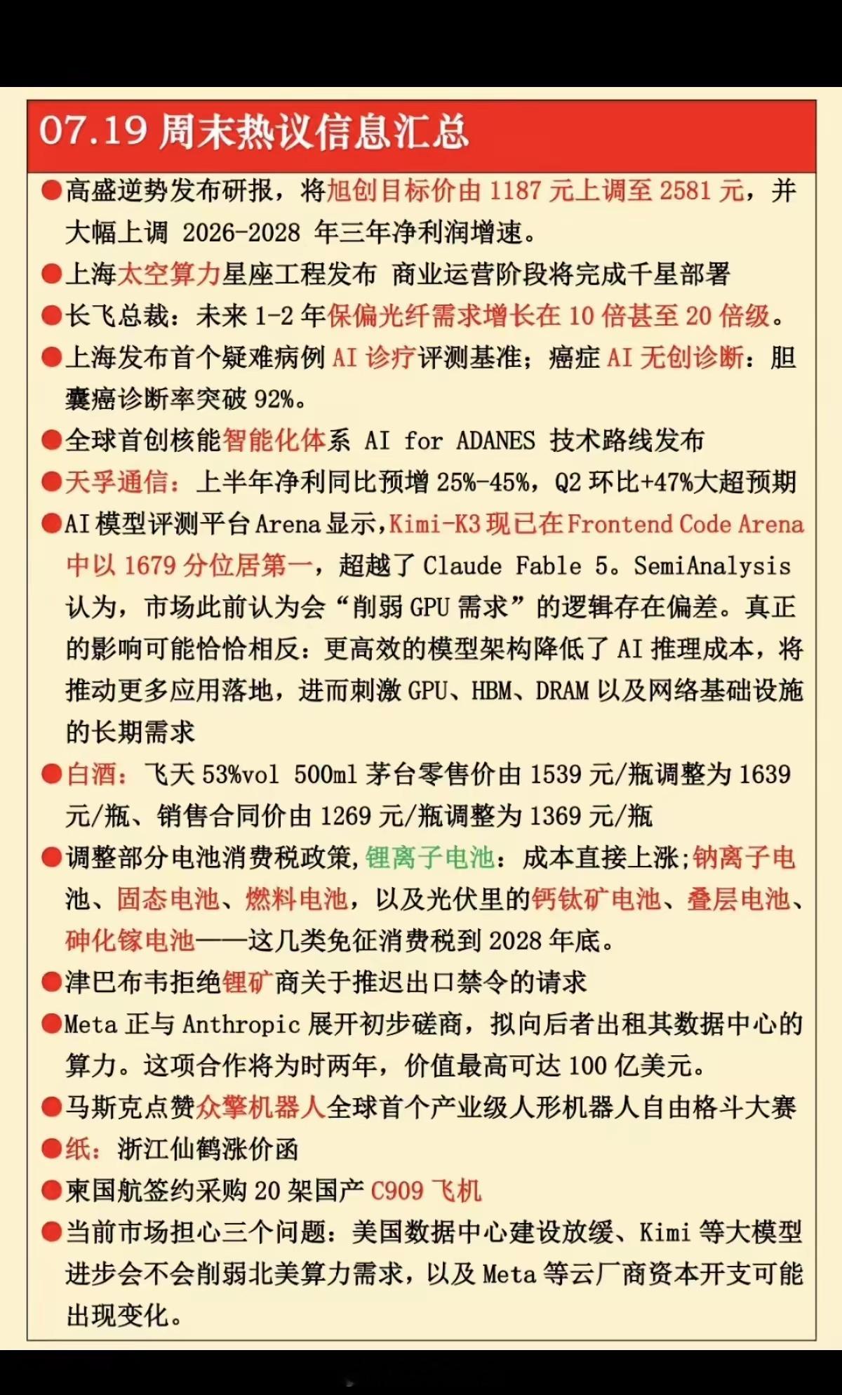7.20周一周末：财经热点+信息参考！1.太空算力2.保偏光纤3.白酒龙头涨