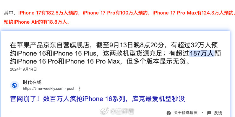 iPhone17标准版的预约数和去年比翻了这么多倍？这还只有京东一个平台[吃