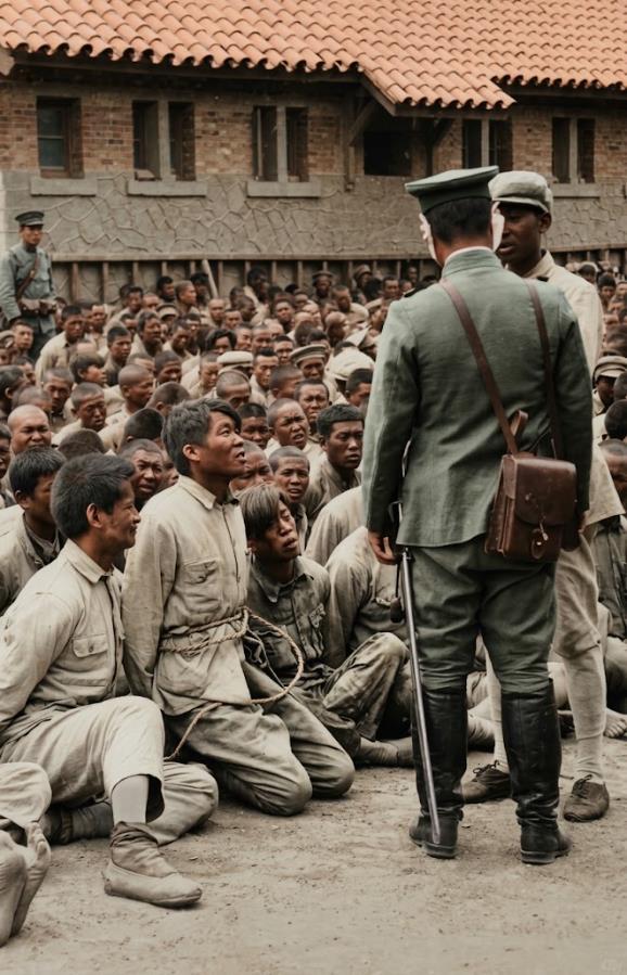 1928年，济南，五三惨案现场，一堆同胞被粗麻绳死死捆着，有的跪着，有的半蹲，衣