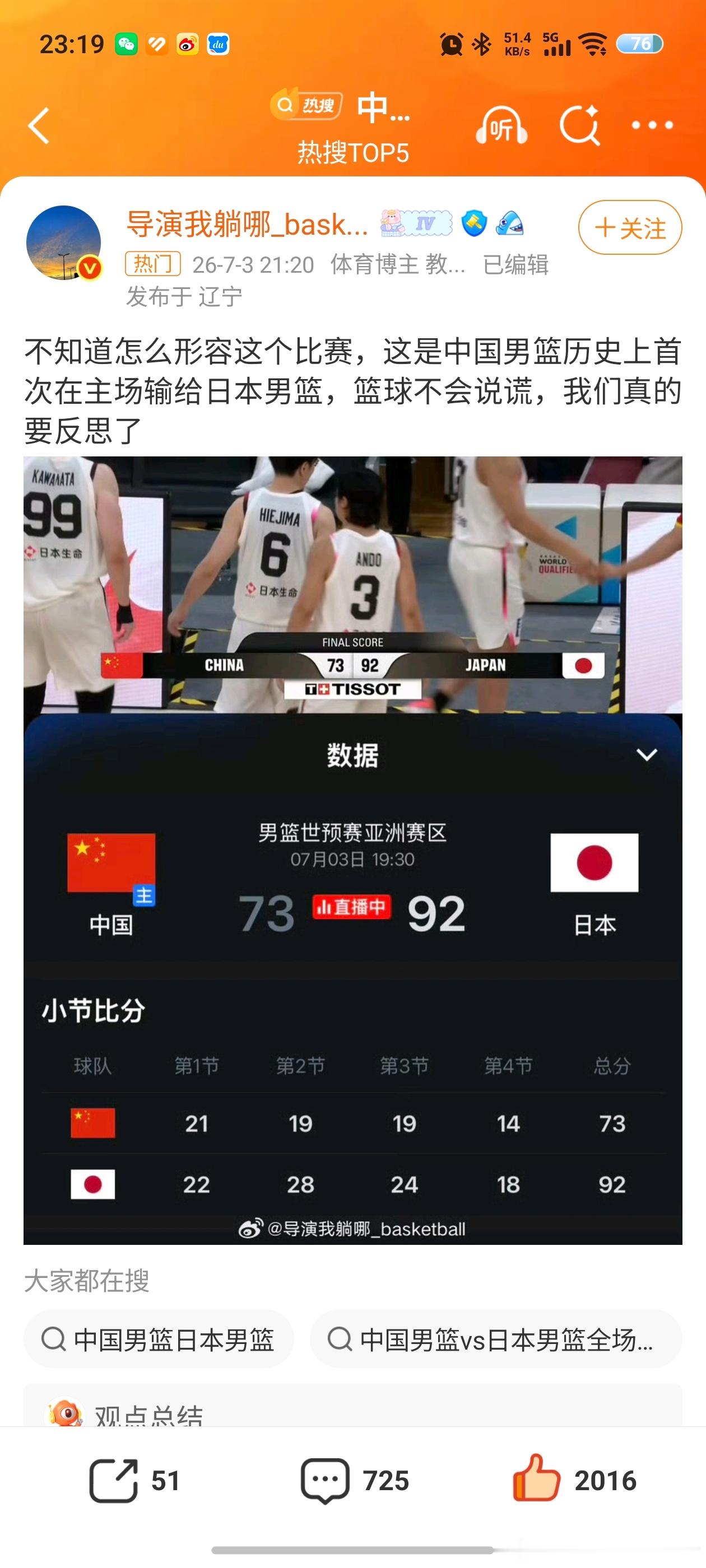 中国男篮创队史耻辱纪录我抽时间也看了一部分男篮的比赛，不管是结果还是过程真的是