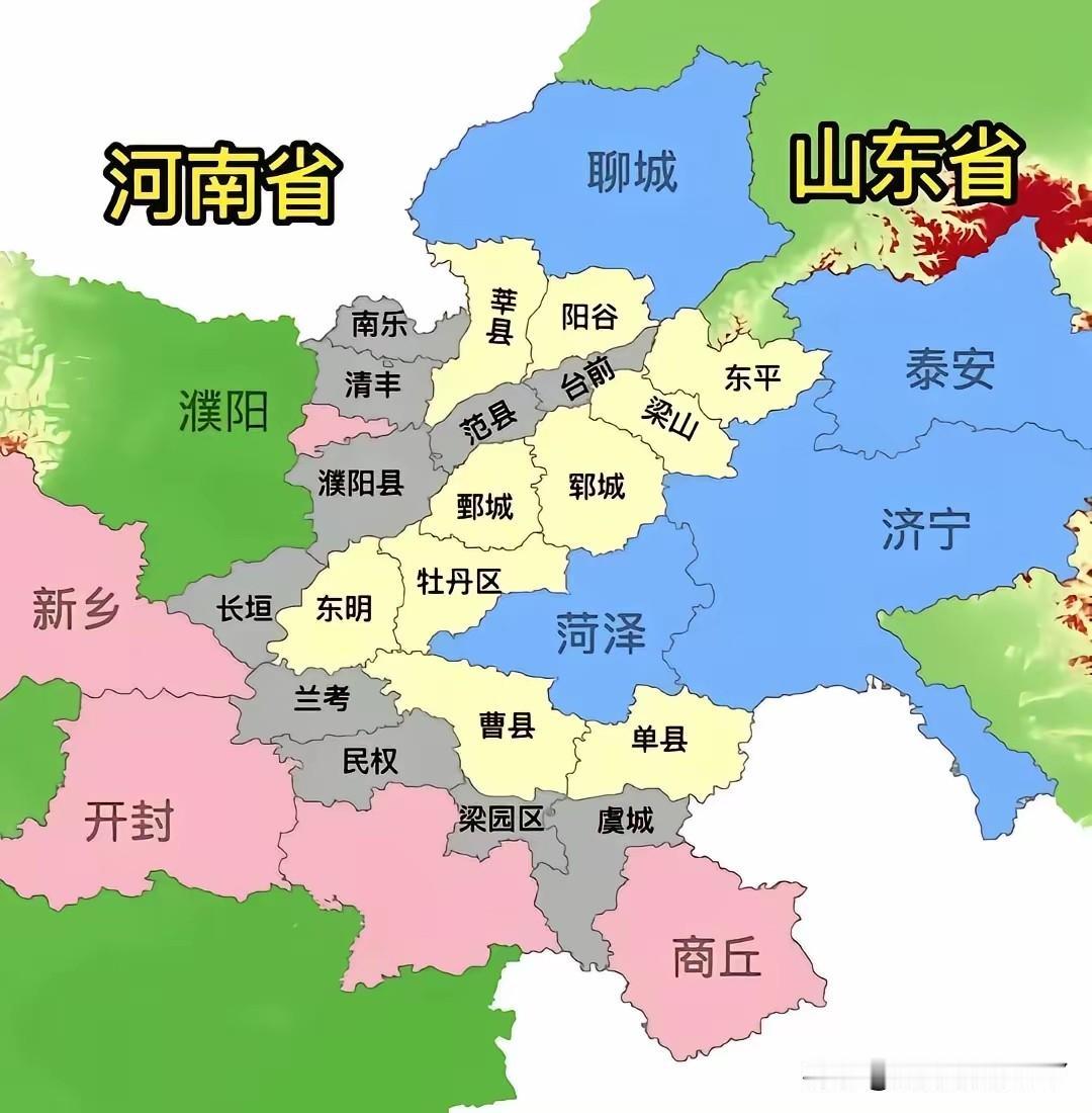 犬牙交错，看看河南与山东的交界地区就明白了。菏泽的东明县，三面分别被濮阳县、兰