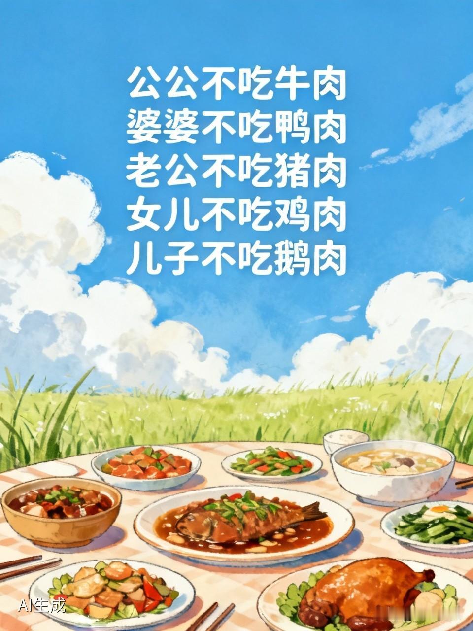 公公不吃牛肉婆婆不吃鸭肉老公不吃猪肉女儿不吃鸡肉儿子不吃鹅肉