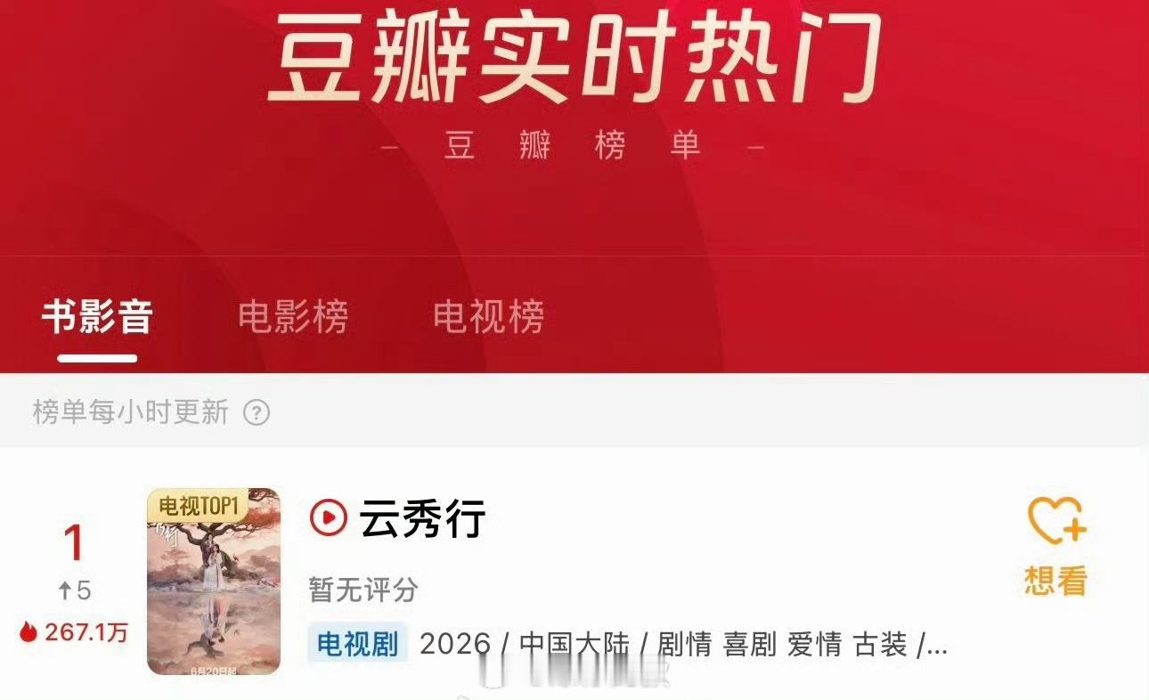 云秀行豆瓣登顶云秀行豆瓣热度登顶豆瓣实时热门登顶了！