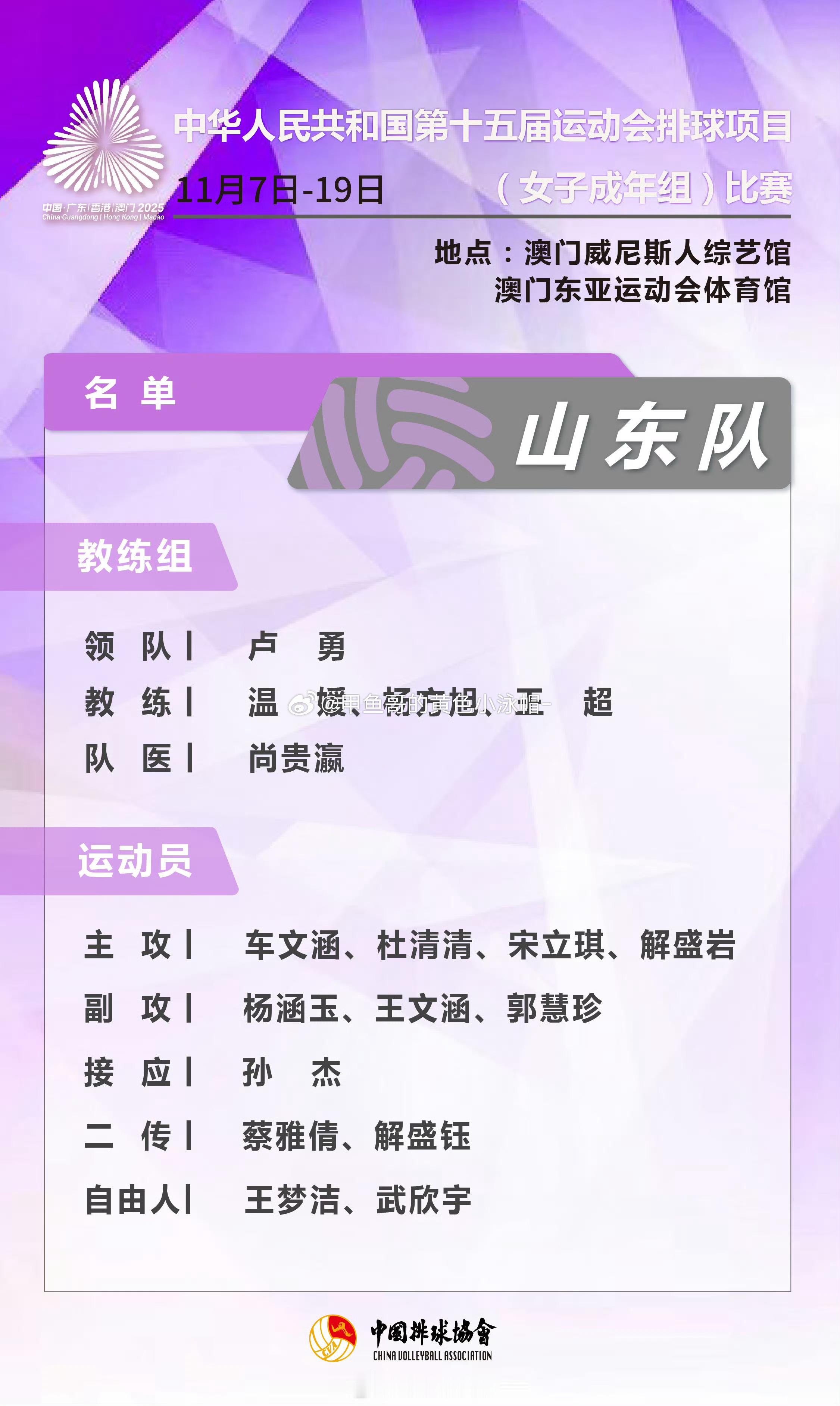 第十五届全运会全运会成年组女排名单已经公布了，山东女排主教练是温媛（李岩龙老婆）