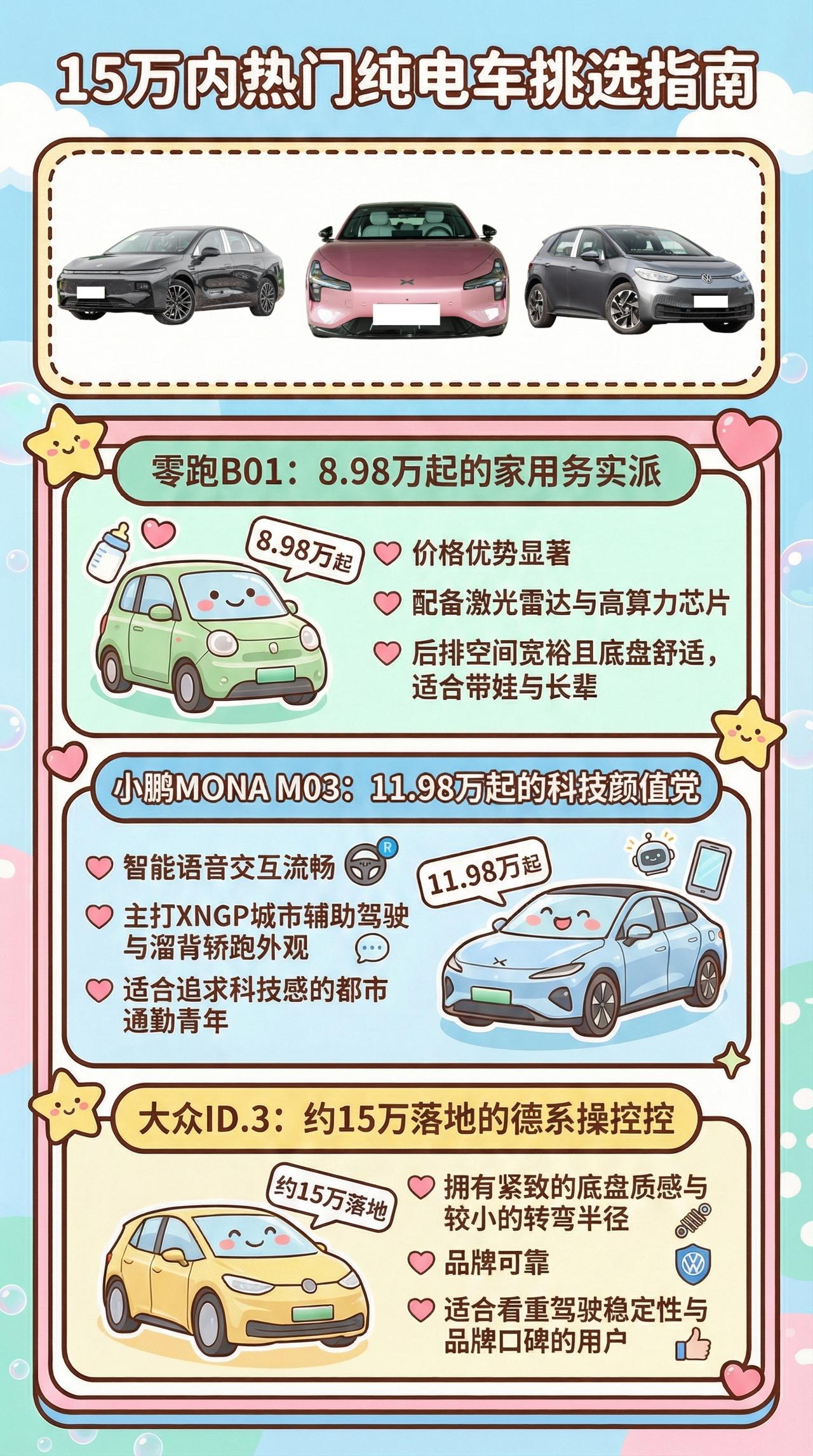 15万内这三台纯电，面对小鹏MONAM03、零跑B01、大众ID.3，怎么选