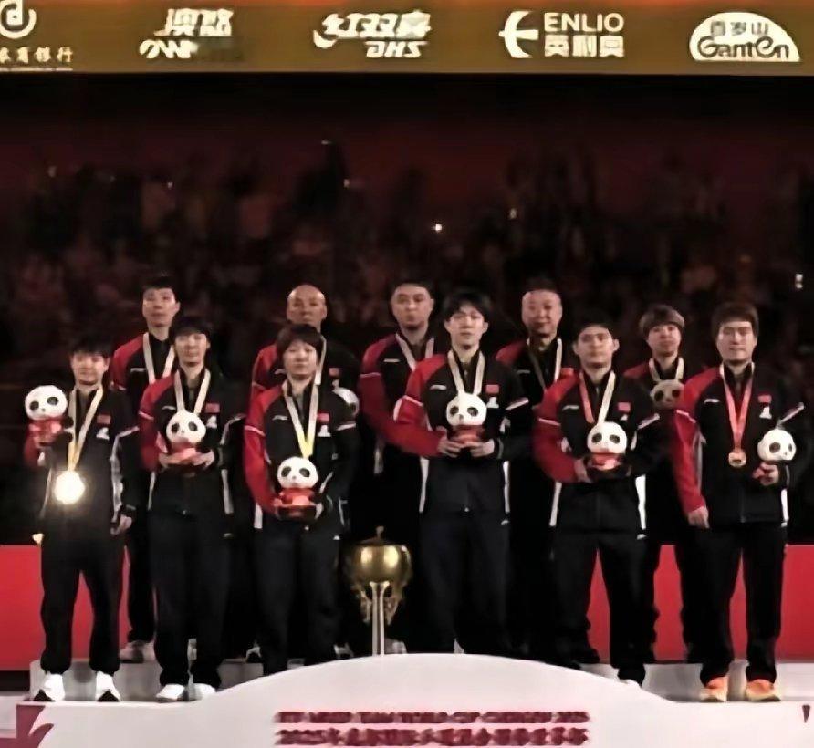 莎莎你的奖牌在发光！只有莎莎的奖牌在闪闪发光，其他人的可能被熊猫玩偶挡到了。就是