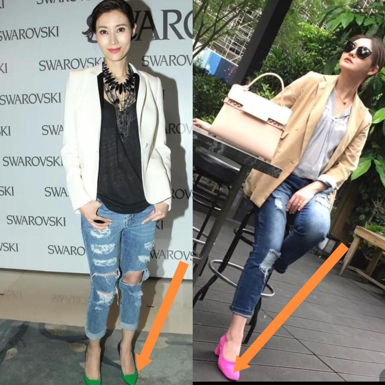 同样是走休闲混搭风格，李嘉欣的造型却远不如大S来得和谐自然、气质突出。单看硬件条