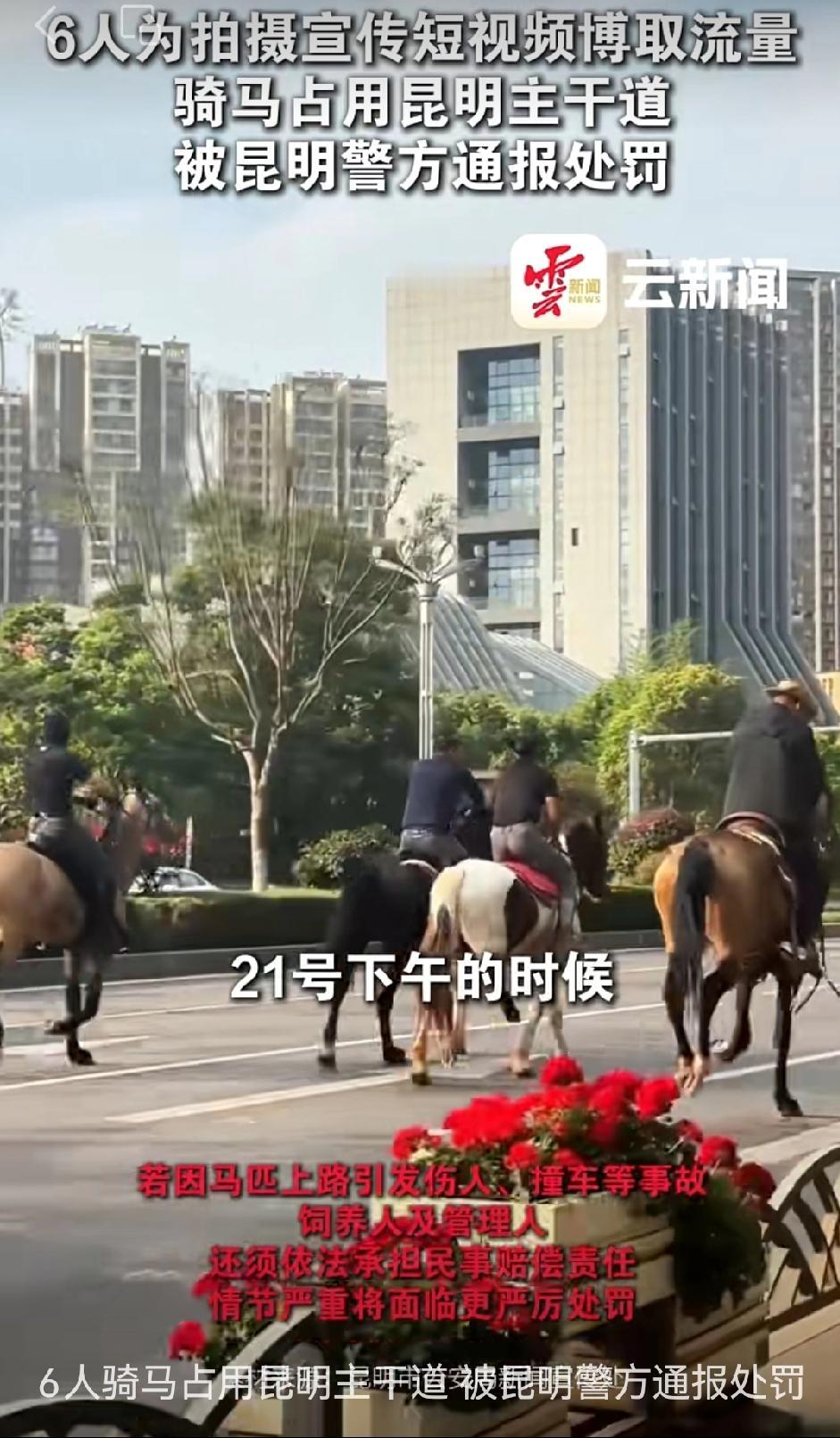 🐎4月25日昆明警方通报了一起6人主干道骑马的案件，真是让人惊掉下巴！4月