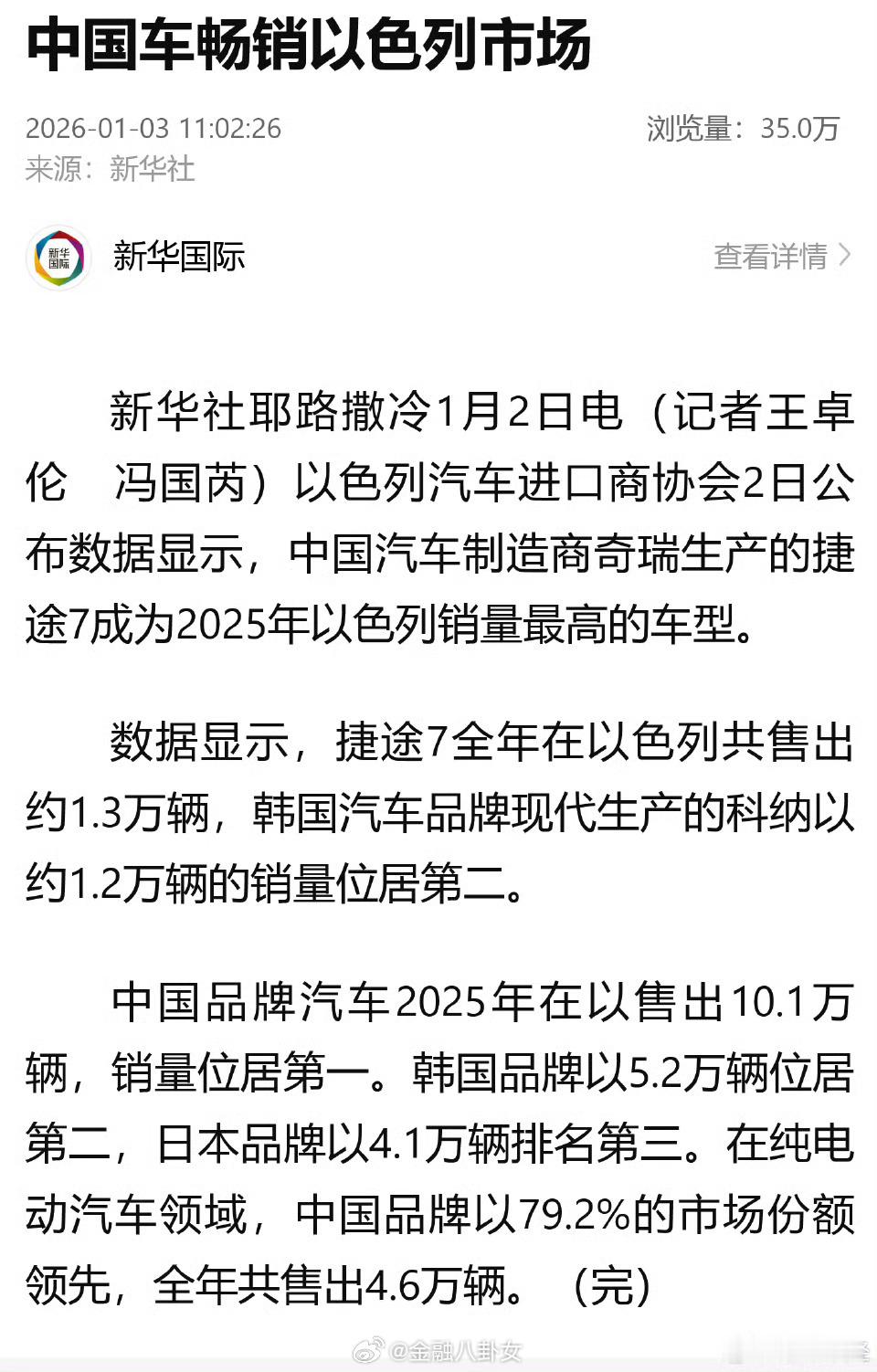 中国车畅销以色列市场以色列汽车进口商协会2日公布数据显示，中国汽车制造商奇瑞生产