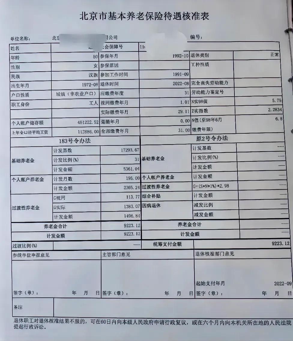 这一位北京市的工人基本养老保险待遇真高啊：¥9223.12！看日期，还是202